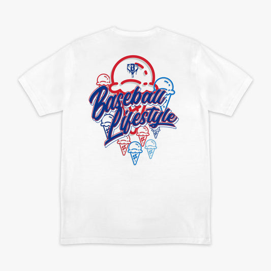 White baseball tee, 4th of July outfit, ice cream graphic shirt