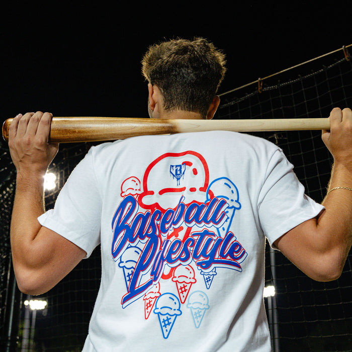 4th of July white Baseball Lifestyle tee with red and blue ice cream