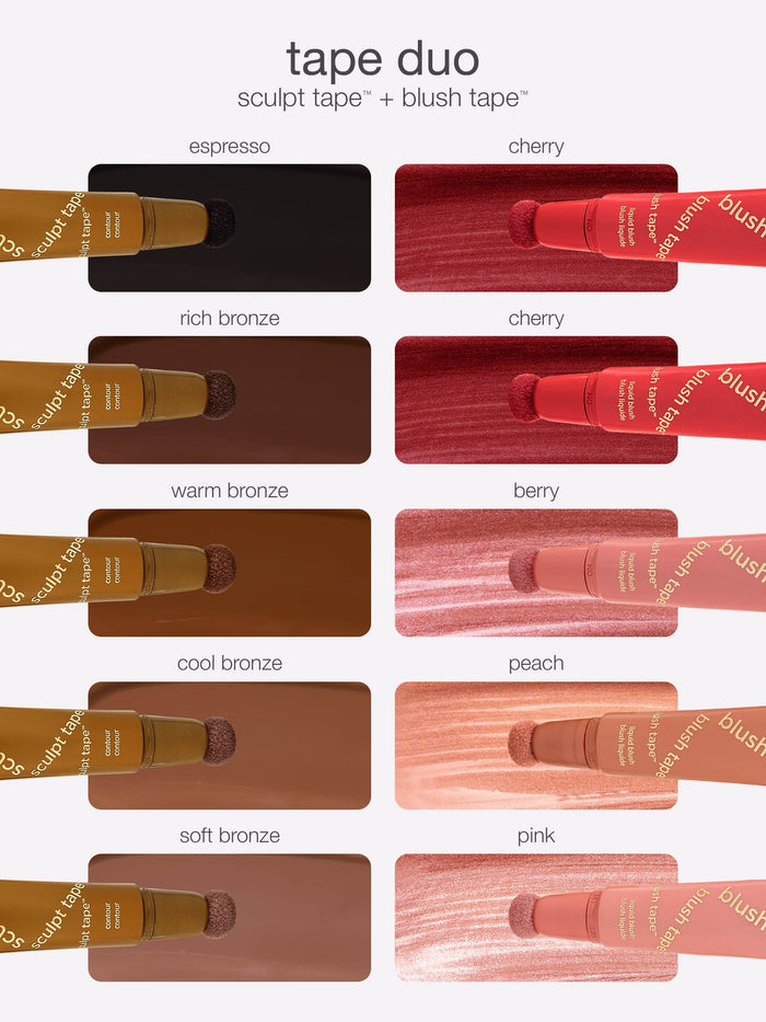 Set of brown makeup products with color labels on a white background