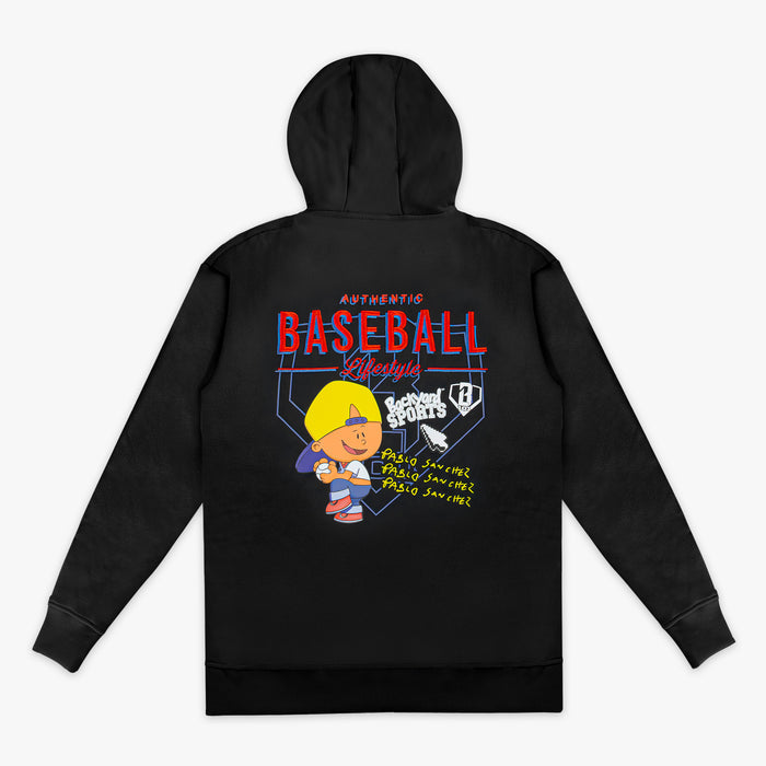 Black hoodie with a colorful Pablo Sanchez graphic and 'Baseball Lifestyle 101' text on the back against a white background