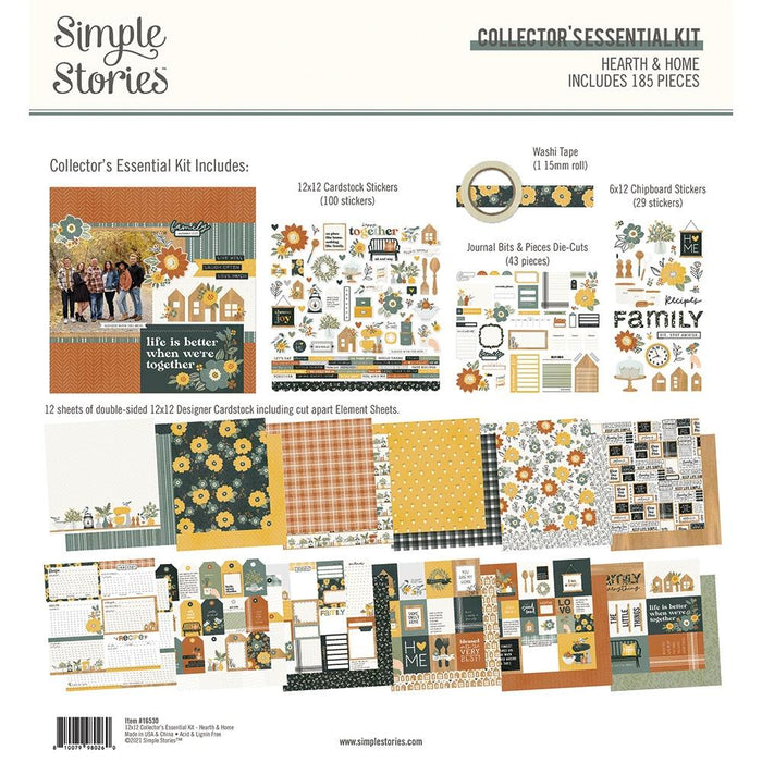 Simple Stories - Collector's Essential Kit - 12"X12" - Hearth & Home. Make your scrapbooking project stand out! This package contains 12 sheets of double-sided 12x12 Designer Cardstock including cut apart Journal, Tags and Element Sheets and a 12x12 Cardstock Sticker Sheet (100), Journal Bits (40), 6x12 Chipboard (29), Washi Tape (1). Acid and lignin free. Made in USA. Available at Embellish Away located in Bowmanville Ontario Canada.