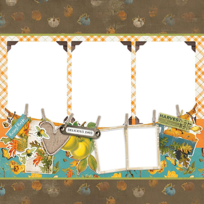 Simple Stories - Simple Pages Page Kit - Autumn Harvest - Country Harvest. This Kit includes (34) Chipboard Pieces, (66) Die-Cut Bits & Pieces, (4) 12x12 Cardstock Base Sheets and Complete Step-By-Step Instructions. Made in USA. Available at Embellish Away located in Bowmanville Ontario Canada.