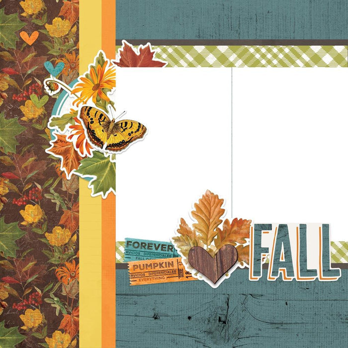 Simple Stories - Simple Pages Page Kit - Autumn Harvest - Country Harvest. This Kit includes (34) Chipboard Pieces, (66) Die-Cut Bits & Pieces, (4) 12x12 Cardstock Base Sheets and Complete Step-By-Step Instructions. Made in USA. Available at Embellish Away located in Bowmanville Ontario Canada.