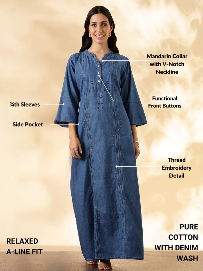 Sky Blue Denim Feel Cotton Nightdress with Embroidery and Pocket