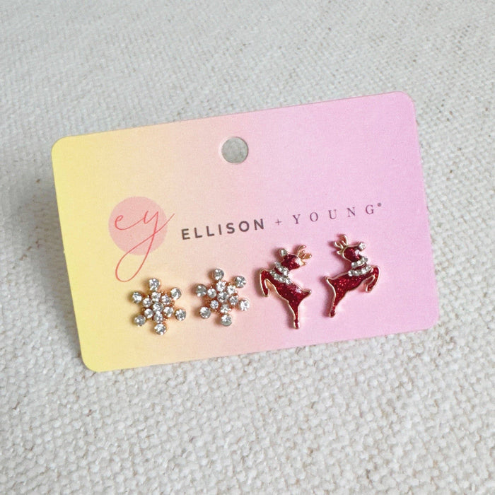 Ellison+Young snowflake stud earring with delicate silver design and small gemstone accents, perfect for elegant winter jewelry.
