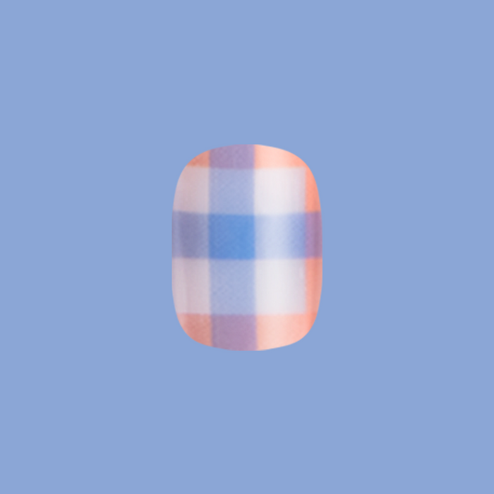 Soft Plaid - Press-On | Extra Short | Squoval with large plaid pattern in soft blue, orange, and white for an easy mani