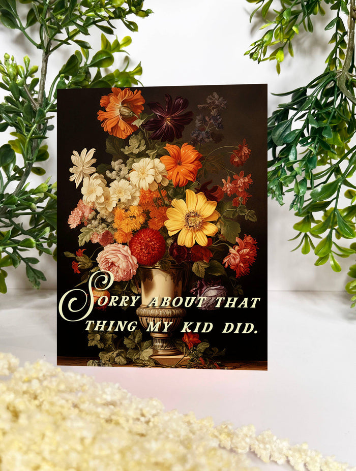 Funny "Sorry About My Kid" card from The Coin Laundry, featuring humorous text and colorful design for special occasions.