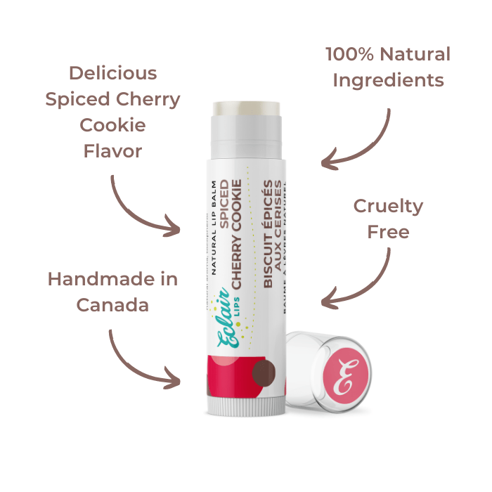 Lip balm tube with cherry cookie flavor.
