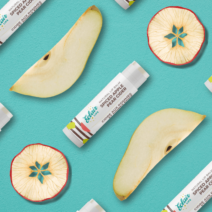 Spiced Apple Pear Cider lip balm with fruit flatlay
