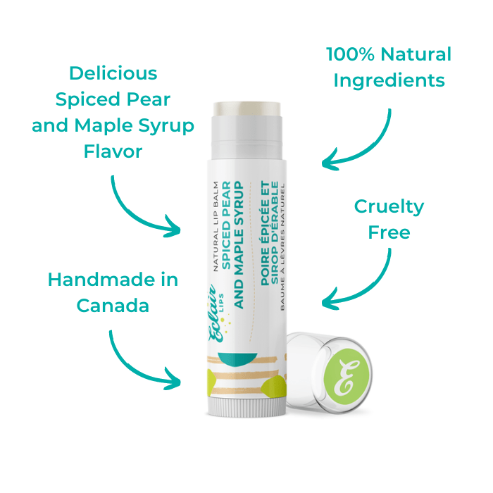 Lip balm stick with Spiced Pear and Maple Syrup label.