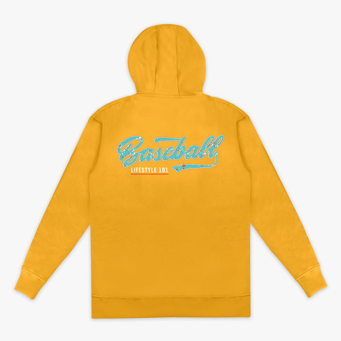 Orange hoodie with 'Baseball Lifestyle 101' text on the back against a white background