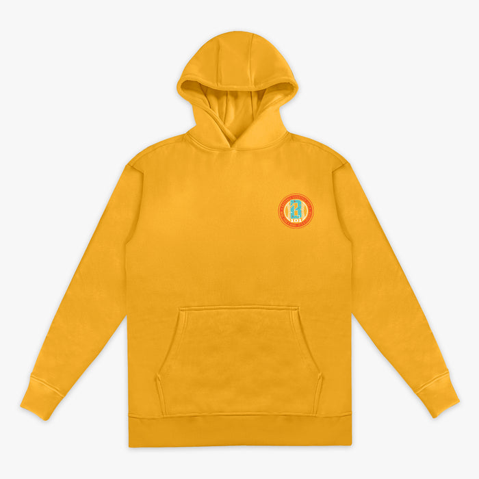Orange hoodie with a BL101 logo on the chest against a white background