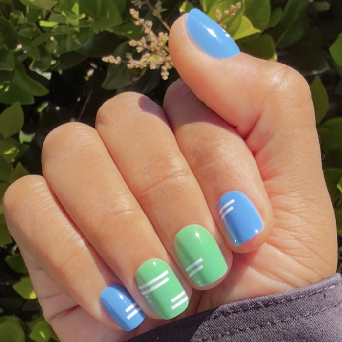 Sporty Stripes - Press-On | Extra Short | Squoval with blue and green nails featuring crisp white stripe details for easy at-home mani