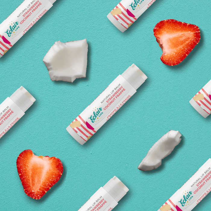 Strawberry Coconut Frappe lip balm with strawberries & coconut.