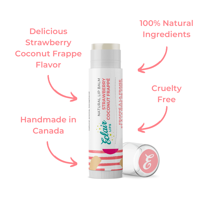 Lip balm tube with strawberry coconut frappe flavor.