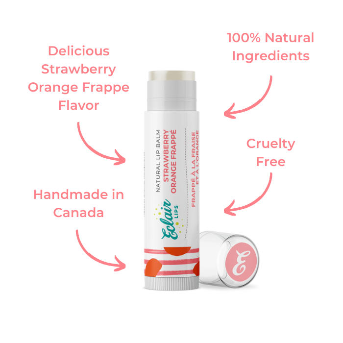 Lip balm tube with strawberry and orange frappe label.