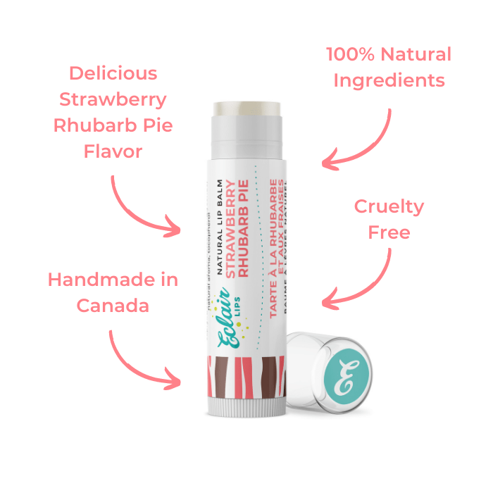 Lip balm tube with Strawberry Rhubarb Pie label.