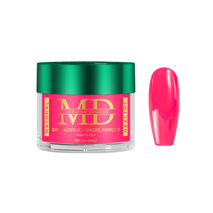 Jar of pink nail powder with a green lid and a pink nail tip color swatch on a white background