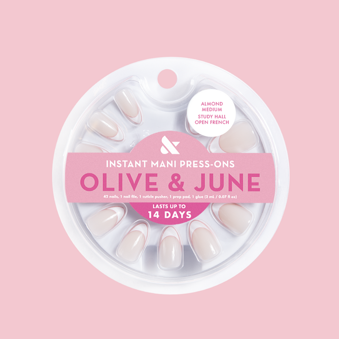 Study Hall Open French - Press-On | Medium | Almond false nails set with pinky mauve outline for easy at-home manicure by Olive and June