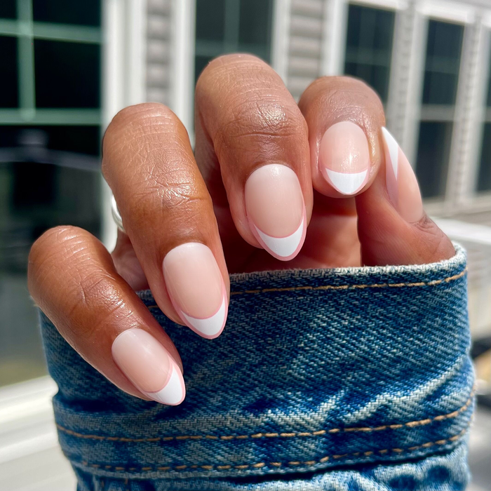 Study Hall Open French - Press-On | Medium | Almond false nails with pinky mauve outlined french tips for easy at-home mani