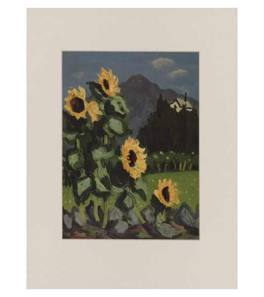 Sunflowers with mountains beyond - Sir Kyffin Williams Mounted Print
