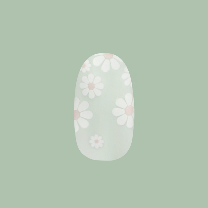 Teal Chrome Flower Shower - Press-On | Short | Round pastel teal press-on nail with white daisy floral design on green background