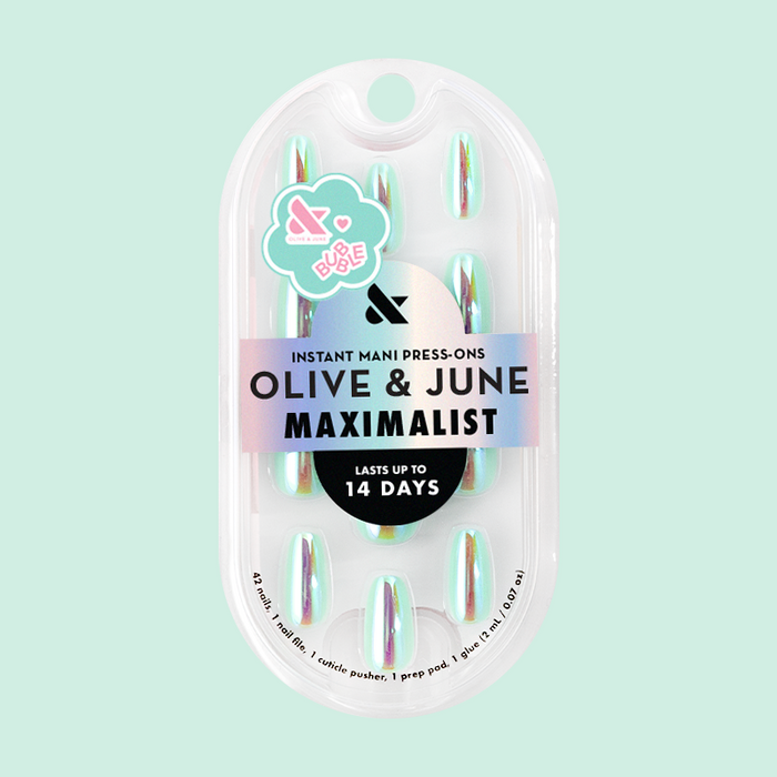 Teal Glass Chrome - Press-On | Medium | Coffin iridescent teal glassy press-on nails in clear packaging on mint background