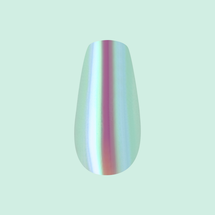Teal Glass Chrome - Press-On | Medium | Coffin iridescent teal glassy medium coffin false nail on pale background