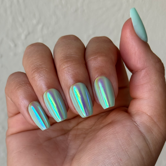Teal Glass Chrome - Press-On | Medium | Coffin iridescent teal glassy medium coffin press-on nails on hand