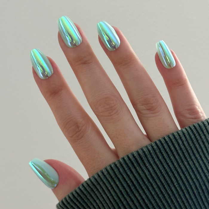 Teal Glass Chrome - Press-On | Medium | Coffin iridescent glassy teal medium coffin press-on nails on hand