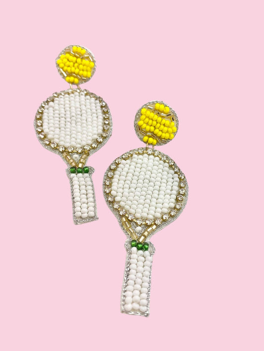 Beaded tennis racquet-shaped earrings by Camel Threads featuring colorful beads and lightweight dangle design.