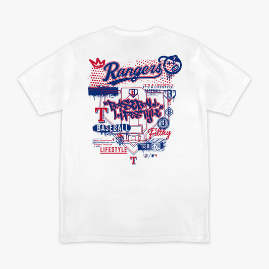 Graphic tee with “Texas Rangers Drip” design — back view