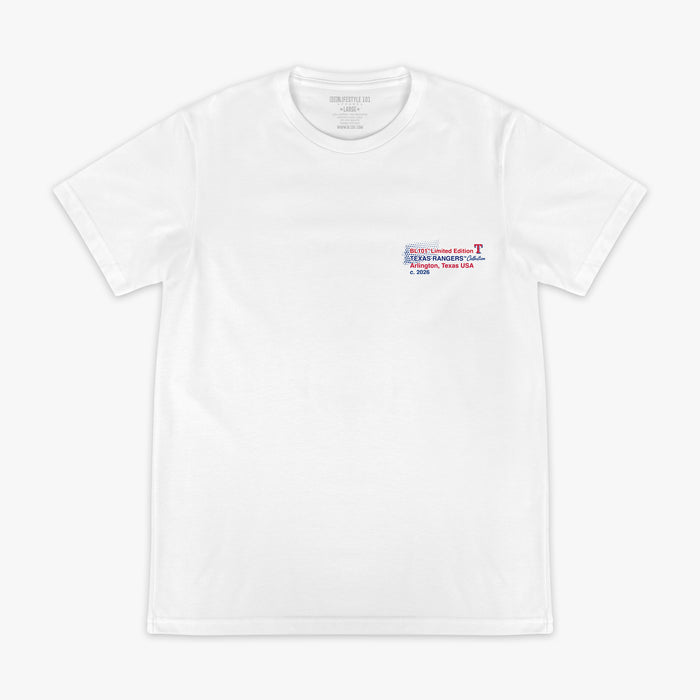 Graphic tee with “Texas Rangers Drip” design — front view