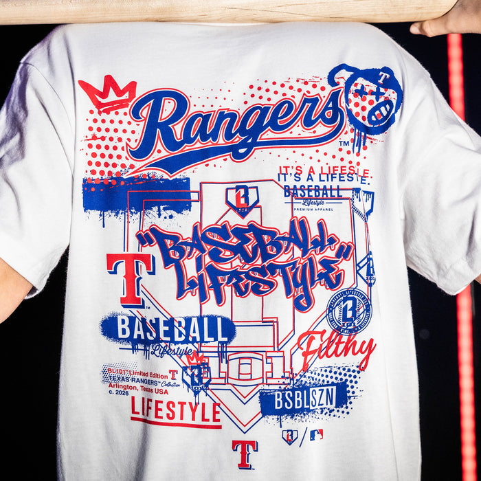Adult model wearing white graphic tee with "Texas Rangers Drip" design