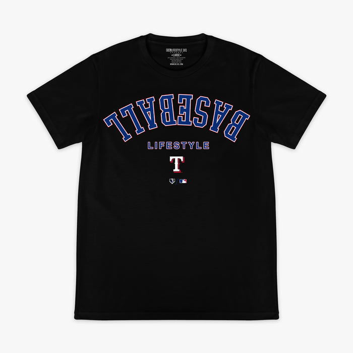 Black graphic tee with "Texas Rangers Upside Down" design — front view