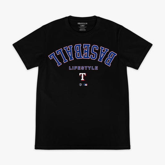Black graphic tee with "Texas Rangers Upside Down" design — front view