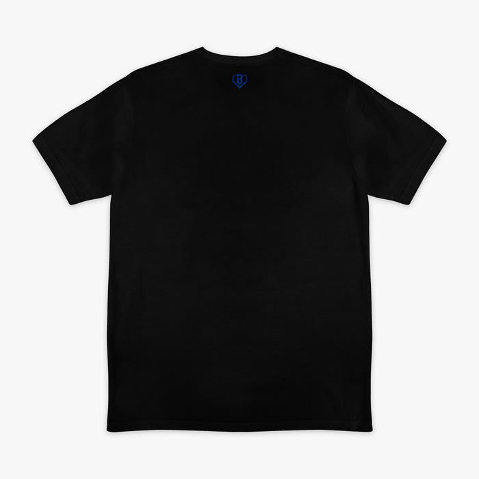 Black graphic tee with "Texas Rangers Upside Down" design — back view