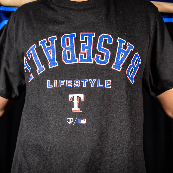 Adult model wearing black graphic tee with "Texas Rangers Upside Down" design