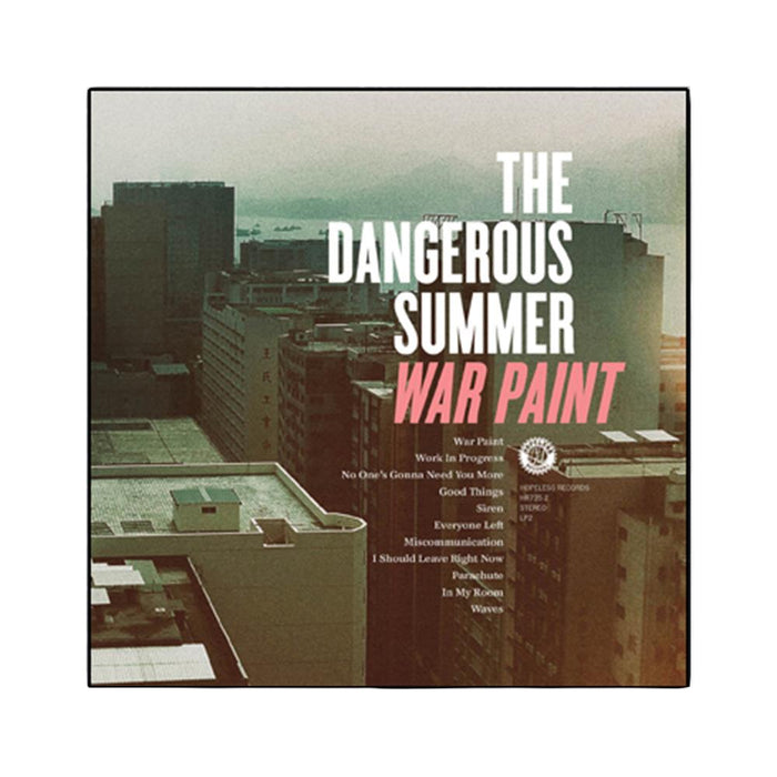 Album cover for The Dangerous Summer’s CD War Paint, displaying the brand name and album title atop a moody cityscape, with tracklisting on the left. The design is muted and atmospheric.