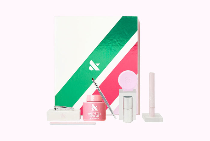 The O&J Mani System - 1 Polish with nail polish remover and manicure tools in green and pink box by Olive and June