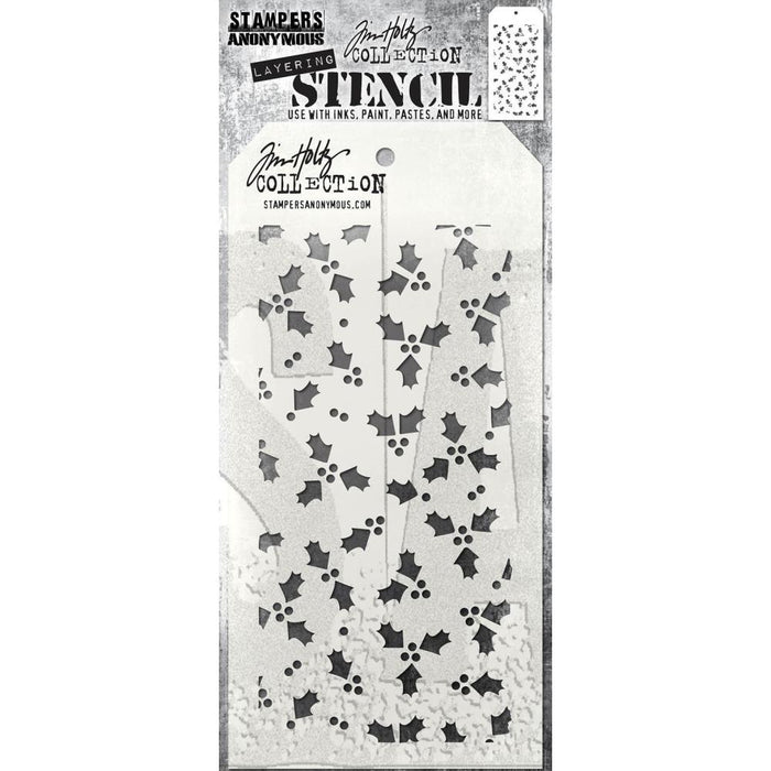 Tim Holtz - Layered Stencil - 4.125"X8.5" - Tiny Holly. Available at Embellish Away located in Bowmanville Ontario Canada.