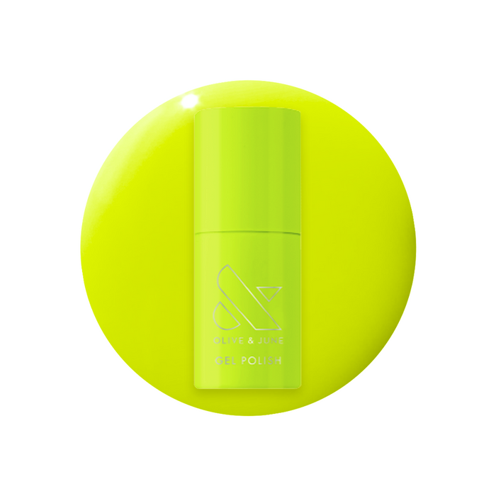 Time To Re-apply - Gel bright yellow green gel polish bottle on matching neon background for vivid manicure look