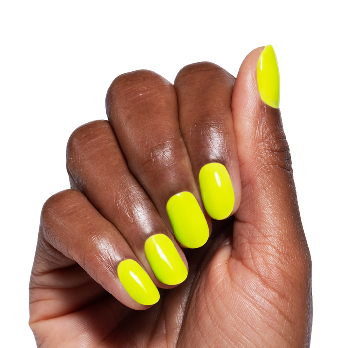 Time To Re-apply - Gel bright yellow green gel polish on natural nails with smooth glossy finish for a vivid manicure
