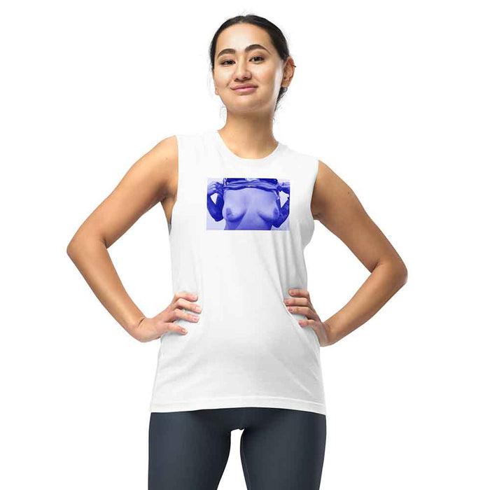 Woman wearing a white sleeveless shirt with a graphic of a person flashing their titties on a white background