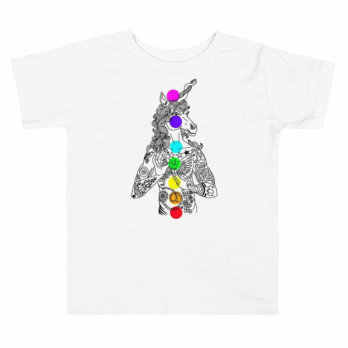 White t-shirt with a unicorn design featuring colorful gemstones on a white background