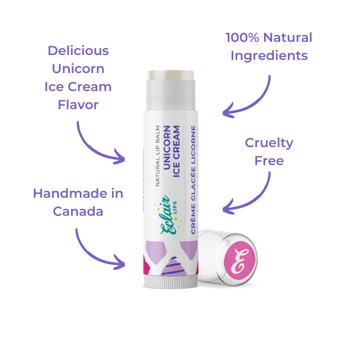 Eclair Unicorn Ice Cream lip balm, handmade in Canada, cruelty-free.