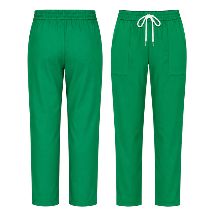 Uk Scrub Supply Green scrub pants shown from the front and back, featuring an elastic waistband, white drawstring, and side pockets on a plain white background.