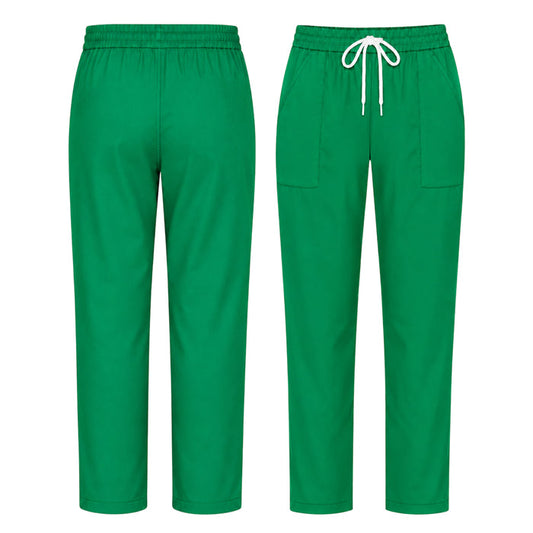 Uk Scrub Supply Green scrub pants shown from the front and back, featuring an elastic waistband, white drawstring, and side pockets on a plain white background.