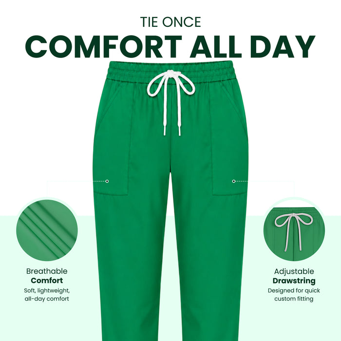 Uk Scrub Supply Green drawstring pants centered on a white background with marketing text reading 'TIE ONCE COMFORT ALL DAY' and two circular inset callouts highlighting breathable comfort and adjustable drawstring features.