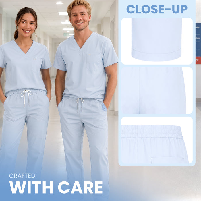 Trousers Scrub A man and a woman wearing light blue V-neck scrub tops and matching scrub pants in a bright hallway, with close-up inset panels showing details of the scrub top and pants. Text reads 'CLOSE-UP' and 'CRAFTED WITH CARE'.